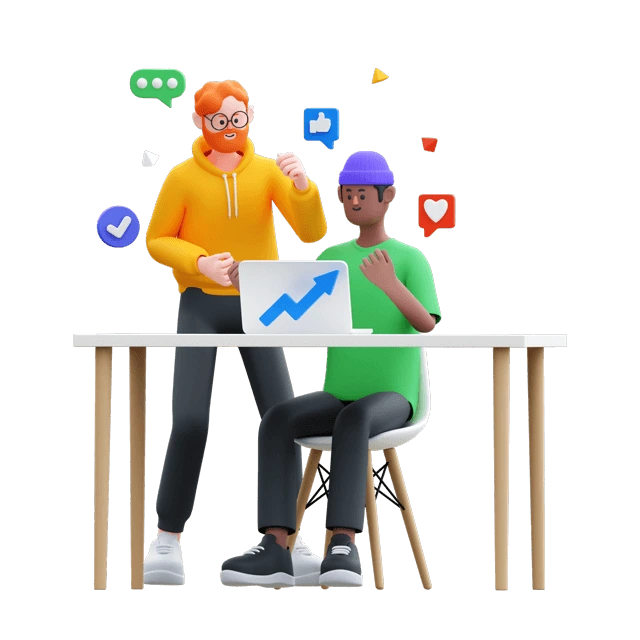 Illustration 3D d’une équipe WebValor analysant la progression d’un site web pour améliorer sa visibilité digitale